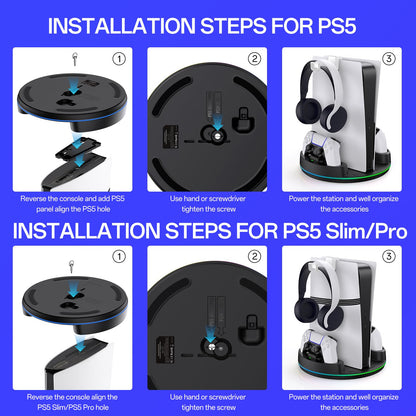 NEWDERY PS5 stand and dual controller charger station with RGB lights, black vertical stand for PlayStation 5 digital and disc consoles