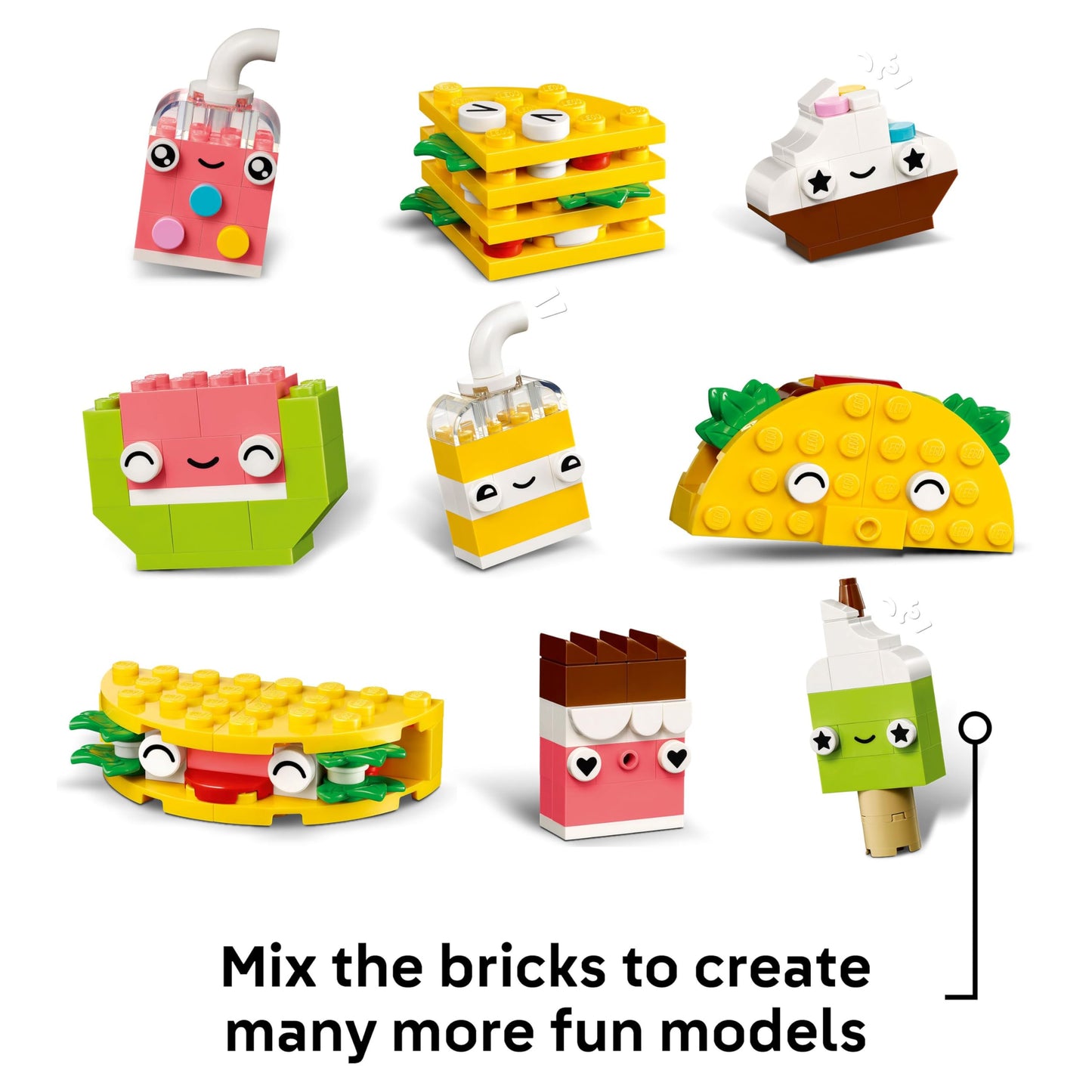 LEGO Classic Creative Food Friends Playset with assorted bricks to build a cupcake, ice cream, avocado, and taco.