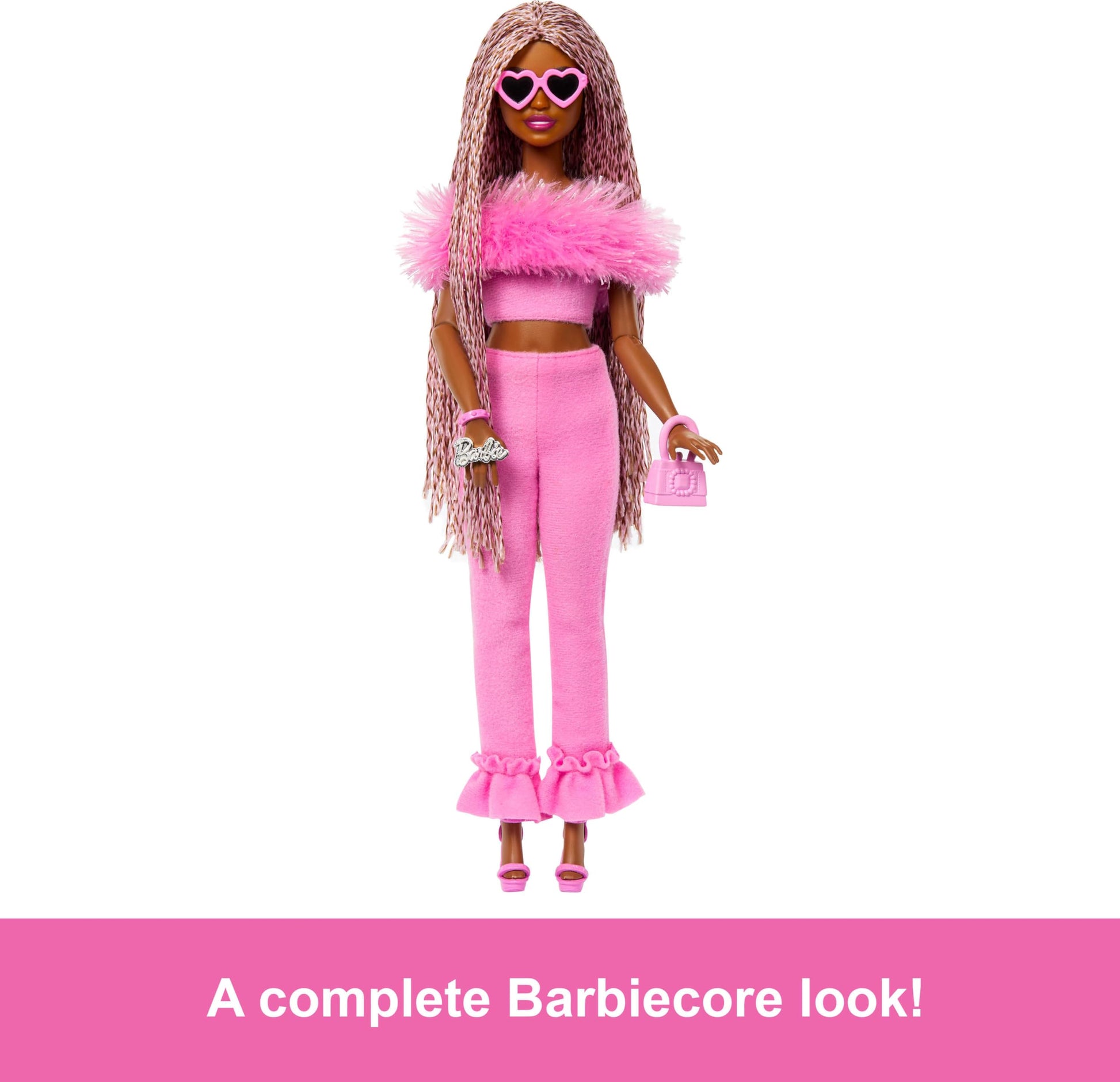 Barbie Deluxe Style Doll #4 in pink and brown braids wearing a soft pink top with furry collar and stylish pant set.