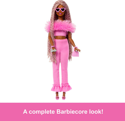 Barbie Deluxe Style Doll #4 in pink and brown braids wearing a soft pink top with furry collar and stylish pant set.
