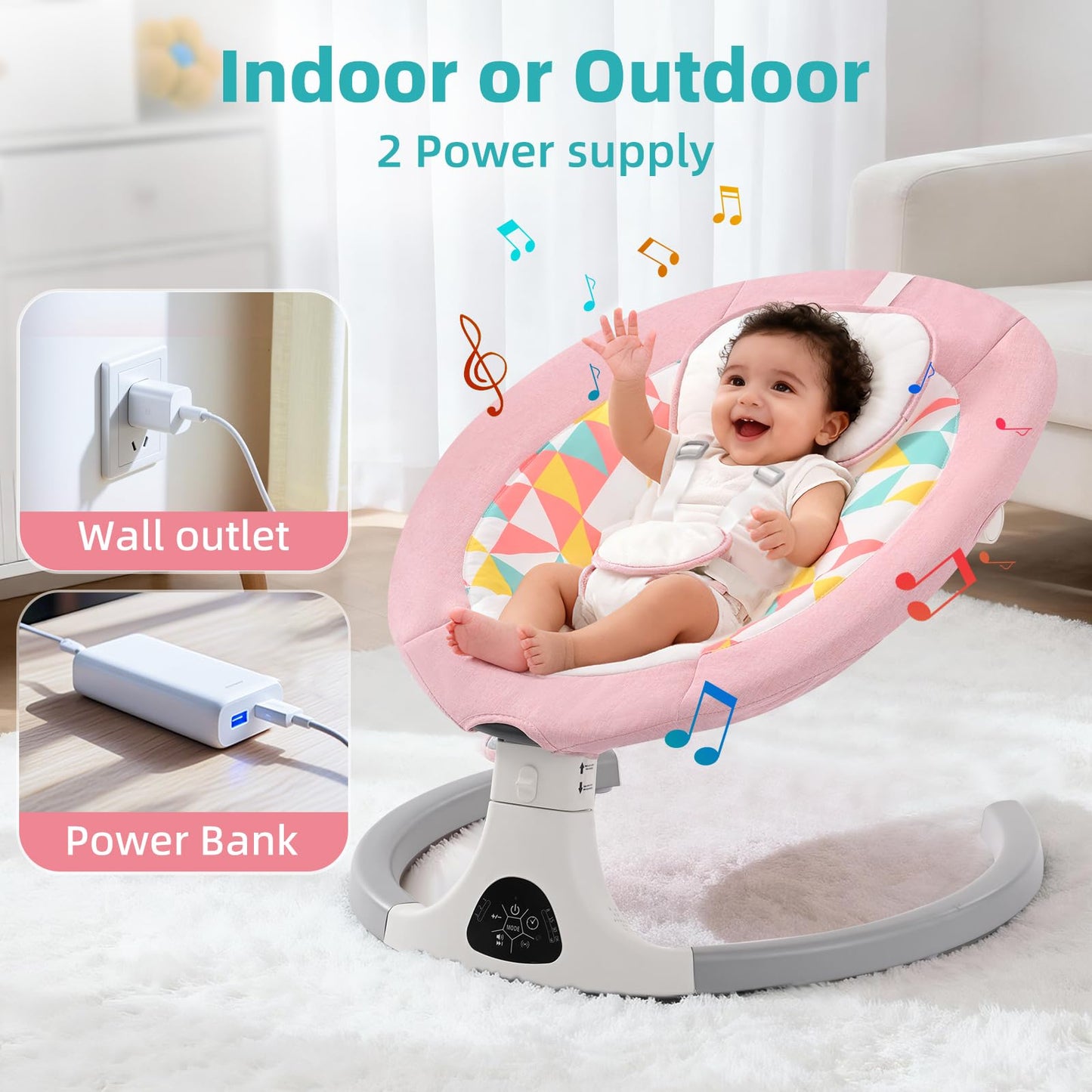 Pink Cozydwells baby bouncer with electric swing, Bluetooth, remote control, adjustable angles, canopy, mosquito net, and detachable tray.