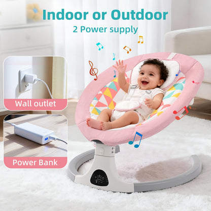 Pink Cozydwells baby bouncer with electric swing, Bluetooth, remote control, adjustable angles, canopy, mosquito net, and detachable tray.