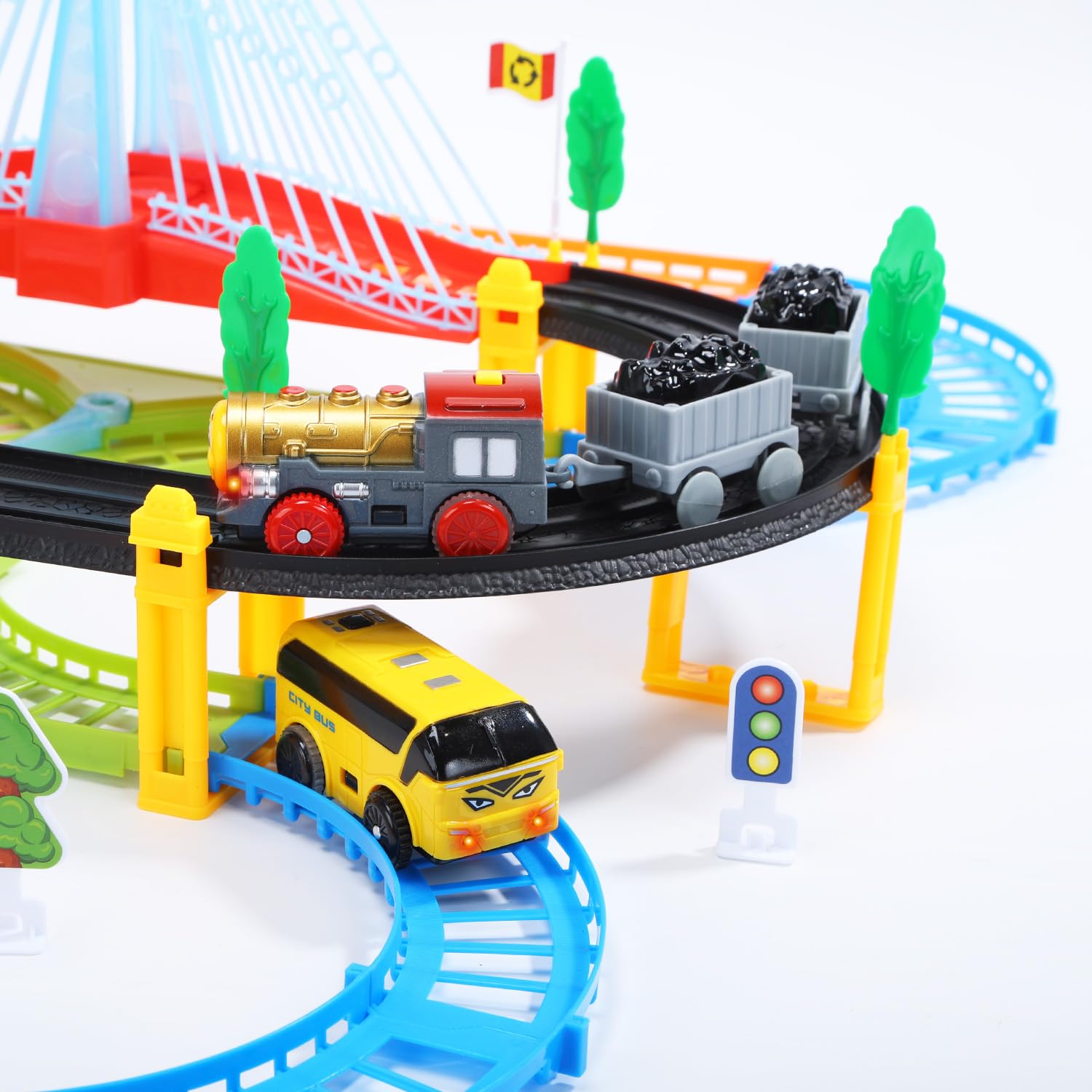EagleStone electric train set for kids with double-layer tracks, lights, bridge, signs, and accessories for imaginative railway play.