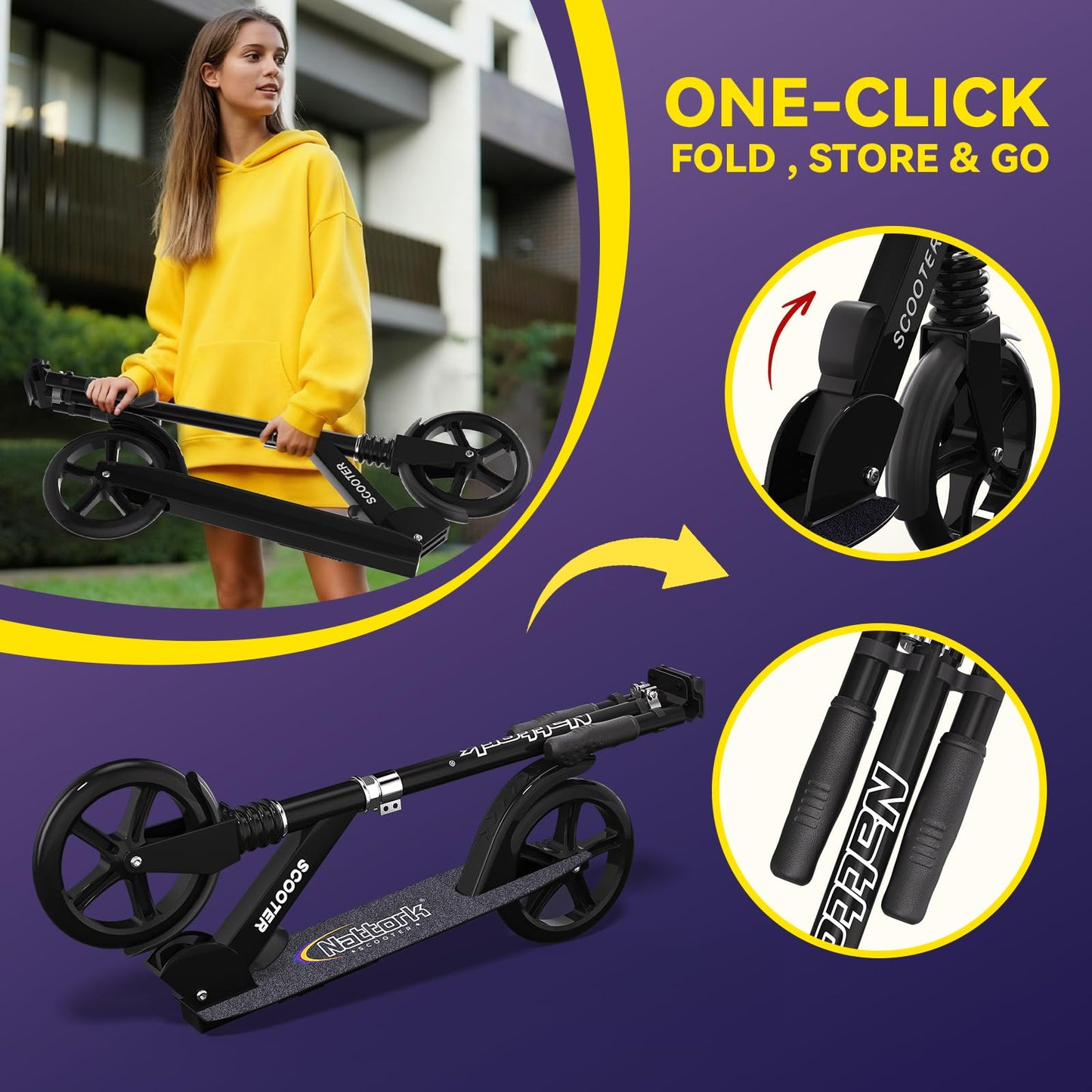 Nattork 8" kick scooter with sturdy wheels, adjustable handlebar, and front shock absorber in navy blue for teens and adults.