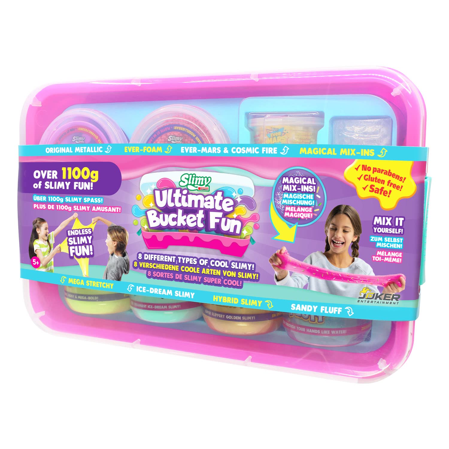 Colorful Slimy Ultimate Bucket with stretchy, gooey slime and fun accessories for kids' sensory play.
