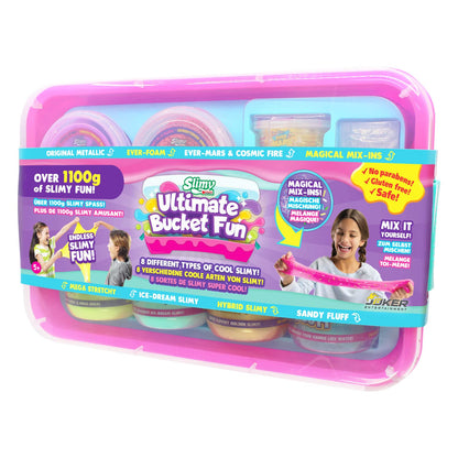 Colorful Slimy Ultimate Bucket with stretchy, gooey slime and fun accessories for kids' sensory play.