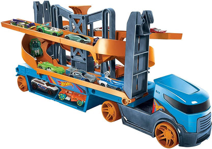 Hot Wheels City Lift & Launch Hauler Vehicle with Storage for up to 20 1:64 Cars, Lift and Launch Feature and 1 Hot Wheels Car, for 3 Year Olds and Up - GNM62