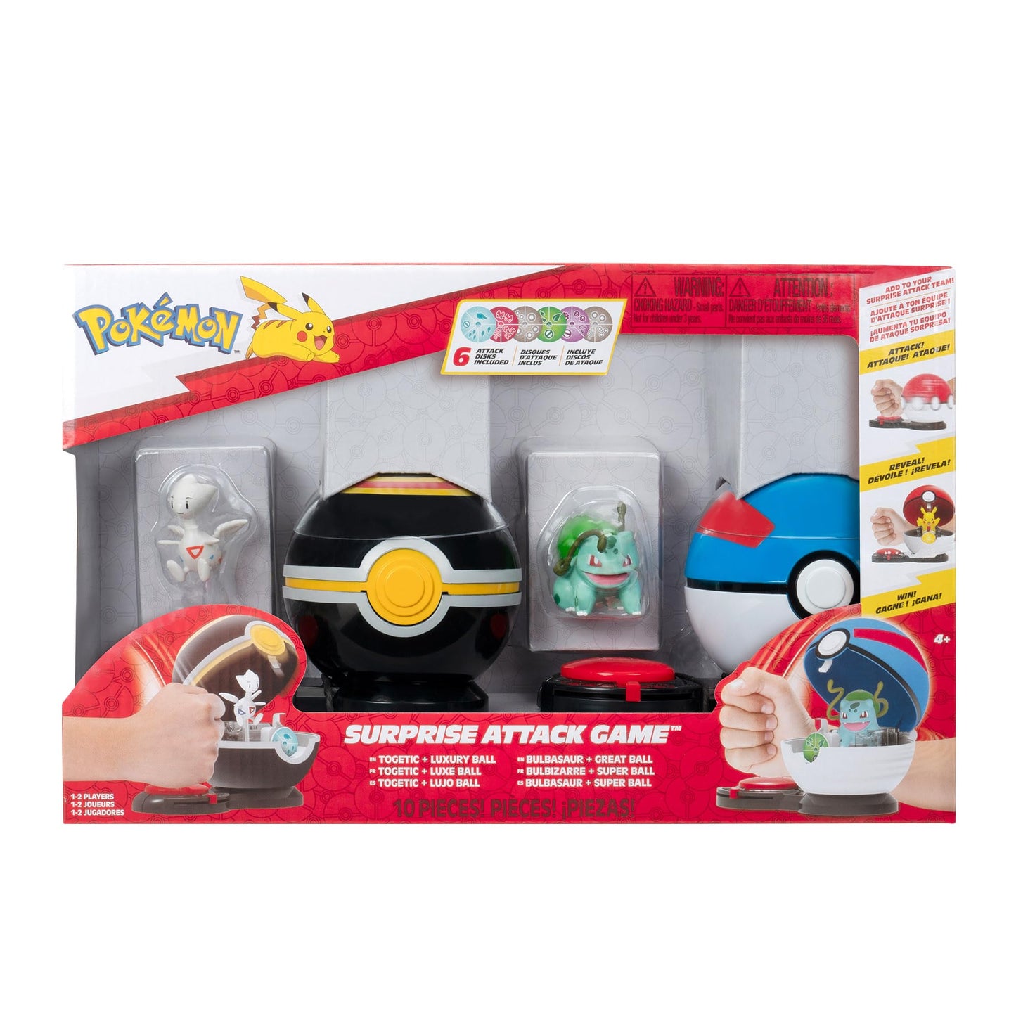 Pokémon Surprise Attack Game featuring Pikachu, Charmander, Grookey, and accessories including Poké Balls and attack discs.
