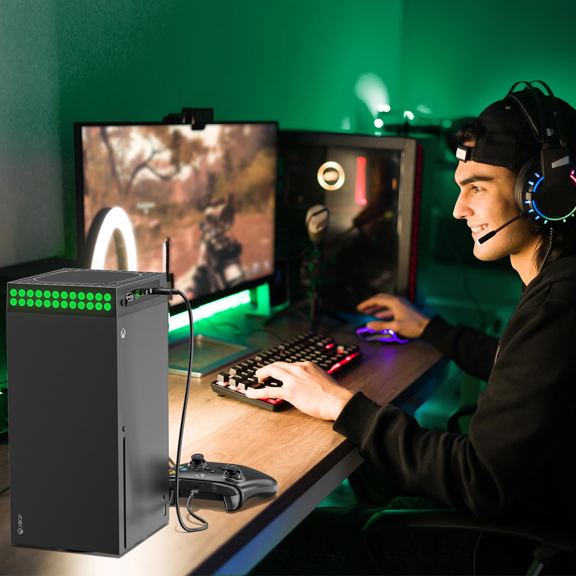 Kosker Xbox Series X cooling fan dust cover with 9 RGB lights, auto mode, adjustable fan, and headset holder for enhanced cooling.