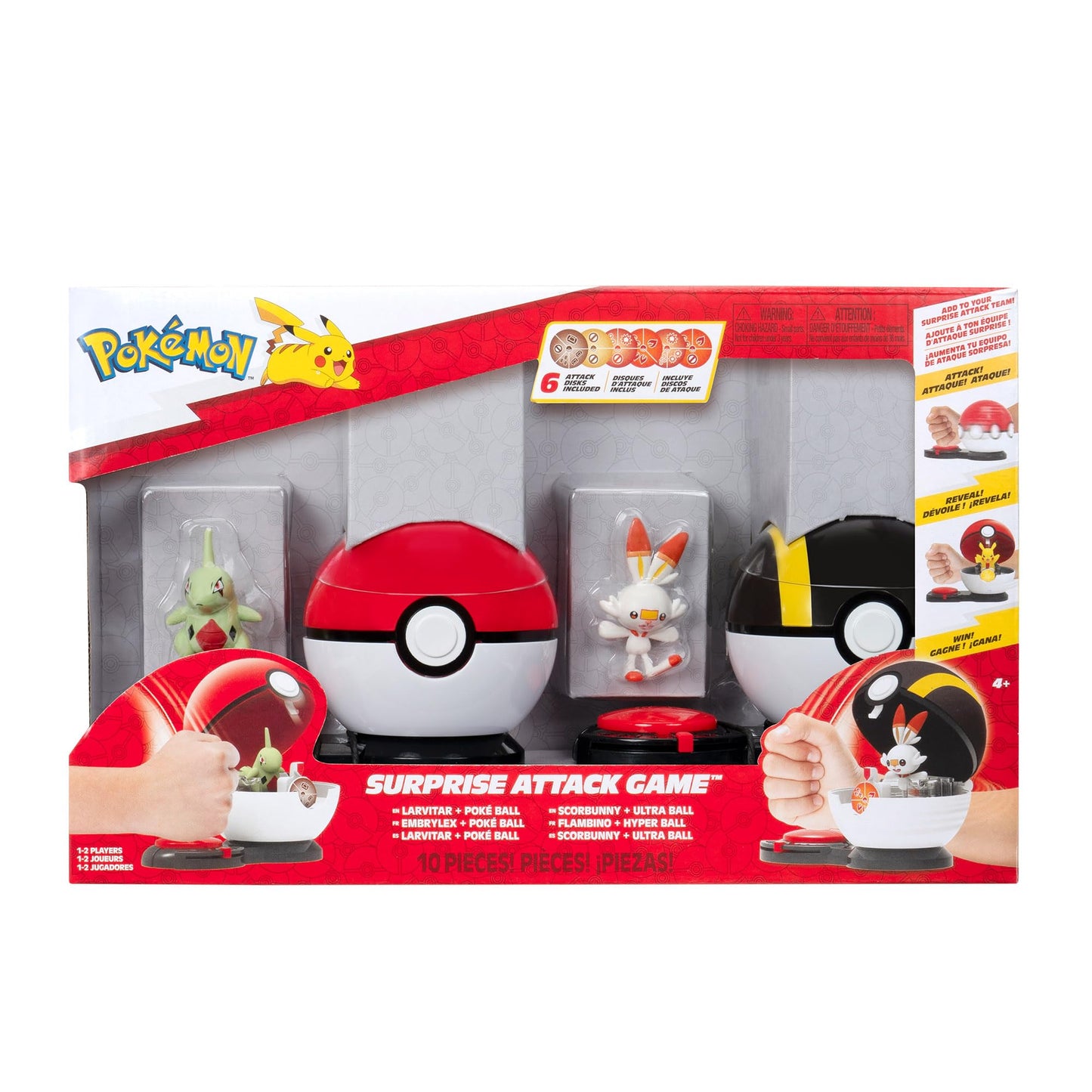 Pokémon Surprise Attack Game featuring 2-inch Larvitar, Scorbunny, Poké Ball, Ultra Ball, and 6 attack discs.