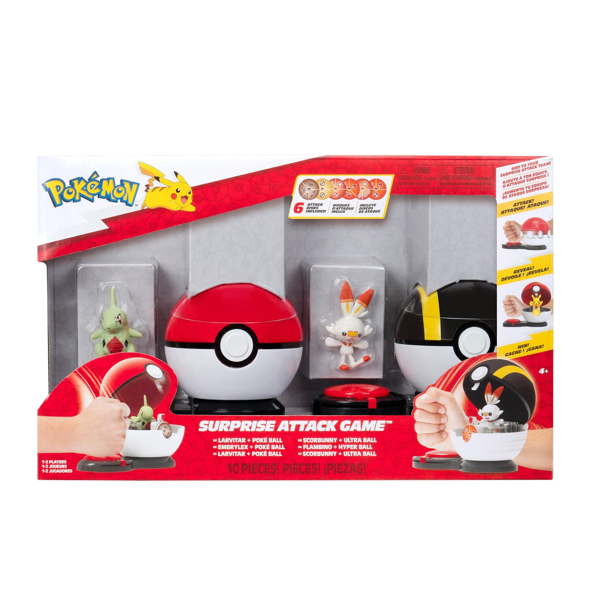 Pokémon Surprise Attack Game featuring 2-inch Larvitar, Scorbunny, Poké Ball, Ultra Ball, and 6 attack discs.