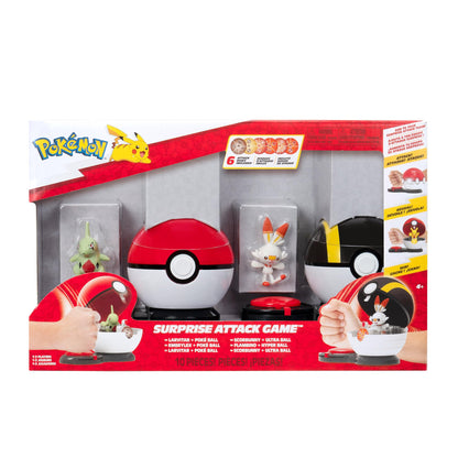 Pokémon Surprise Attack Game featuring 2-inch Larvitar, Scorbunny, Poké Ball, Ultra Ball, and 6 attack discs.