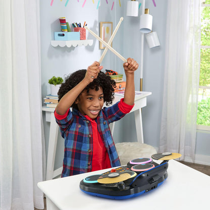 VTech Kidi Star drum pad in black with colorful buttons and drumsticks, designed for kids to create music and rhythms.