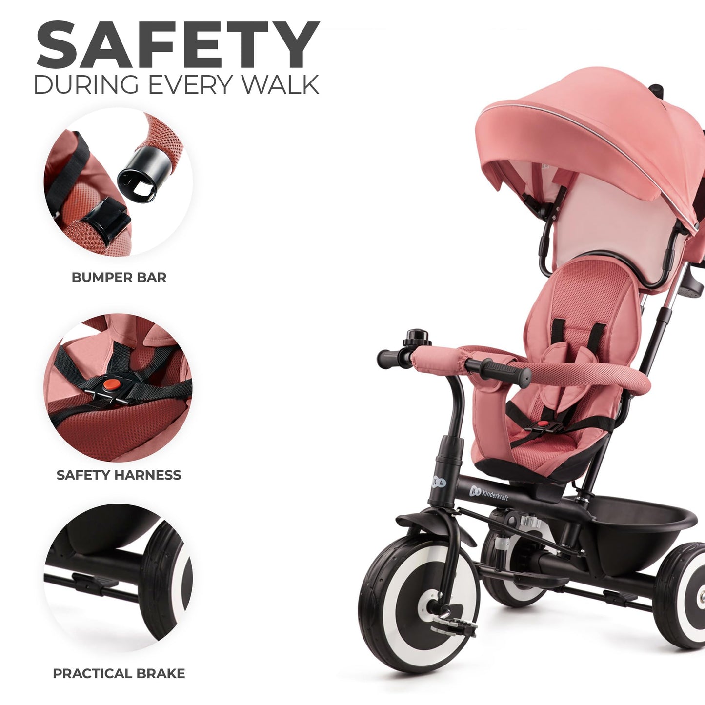 Kinderkraft Aston Tricycle, Baby Push Trike, Kids First Bike, Free Wheel Functions, Parenthandle, Footrest, Accessories, Bag, Cupholder, from 9 Months to 5 Years, Pink