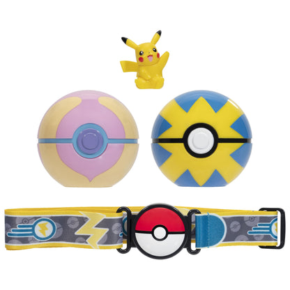 Pokémon Pikachu Clip 'N' Go Belt Set with themed belt, 2-inch Pikachu figure, Heal Ball, and Quick Ball accessories.