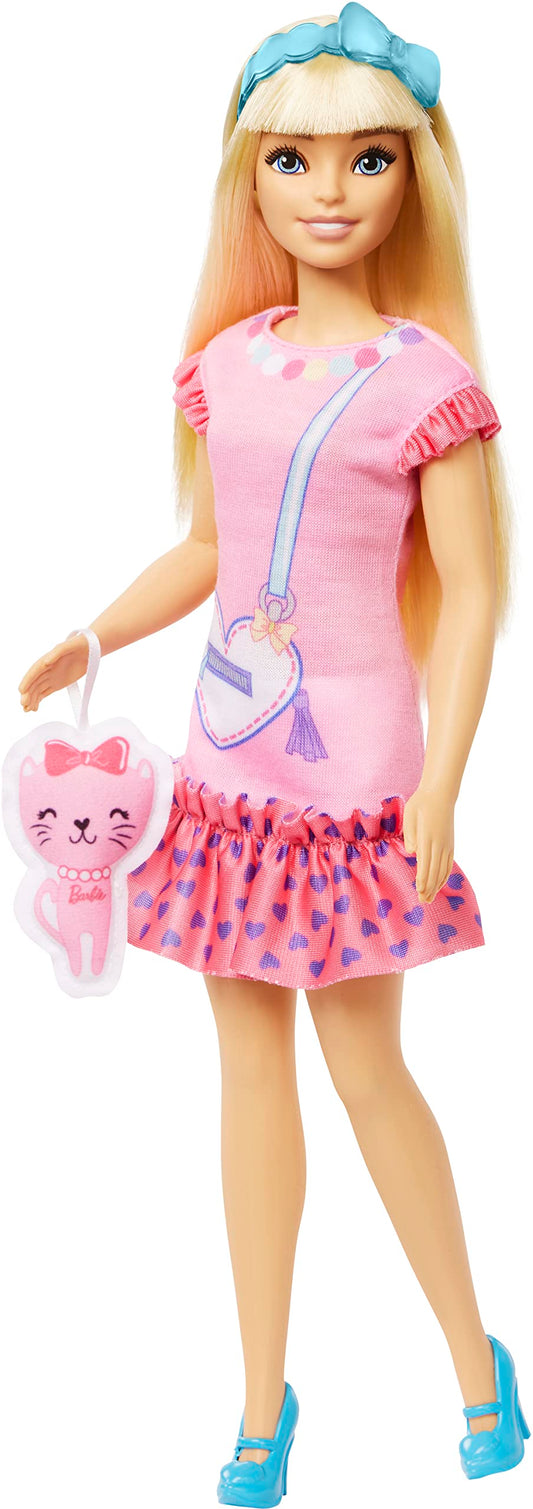 Barbie Doll for Preschoolers, My First Barbie “Malibu” Doll, 13.5 Inch doll, Blonde Hair Kids Toys and Gifts, Plush Kitten, Accessories, Soft Poseable Body, from 3 Years, HLL19