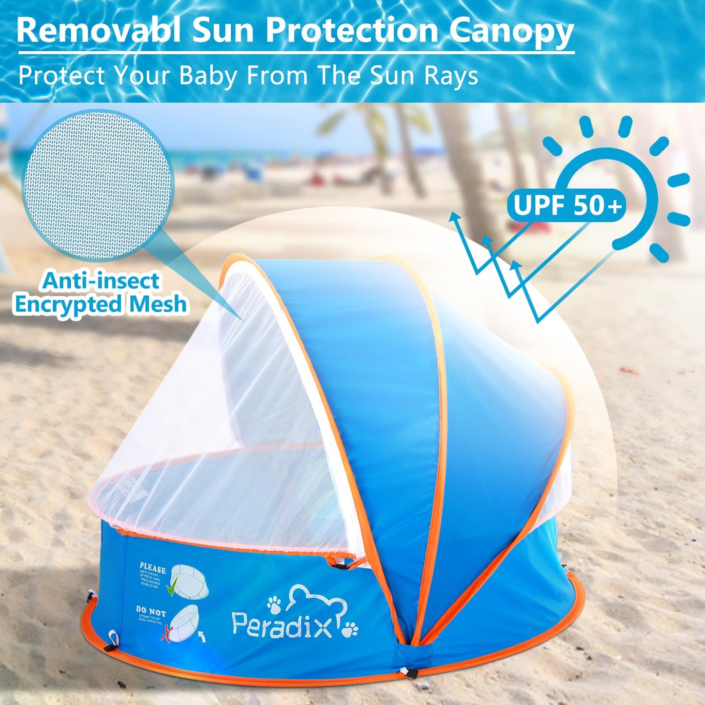 Peradix Splash Pool, 4-in-1 Baby Beach Tent with UV Sun Shelter Canopy & Mosquito Net, Portable Pop-Up Infant Ball Pit Tent, Toddler Wading Pool for Kids & Pets