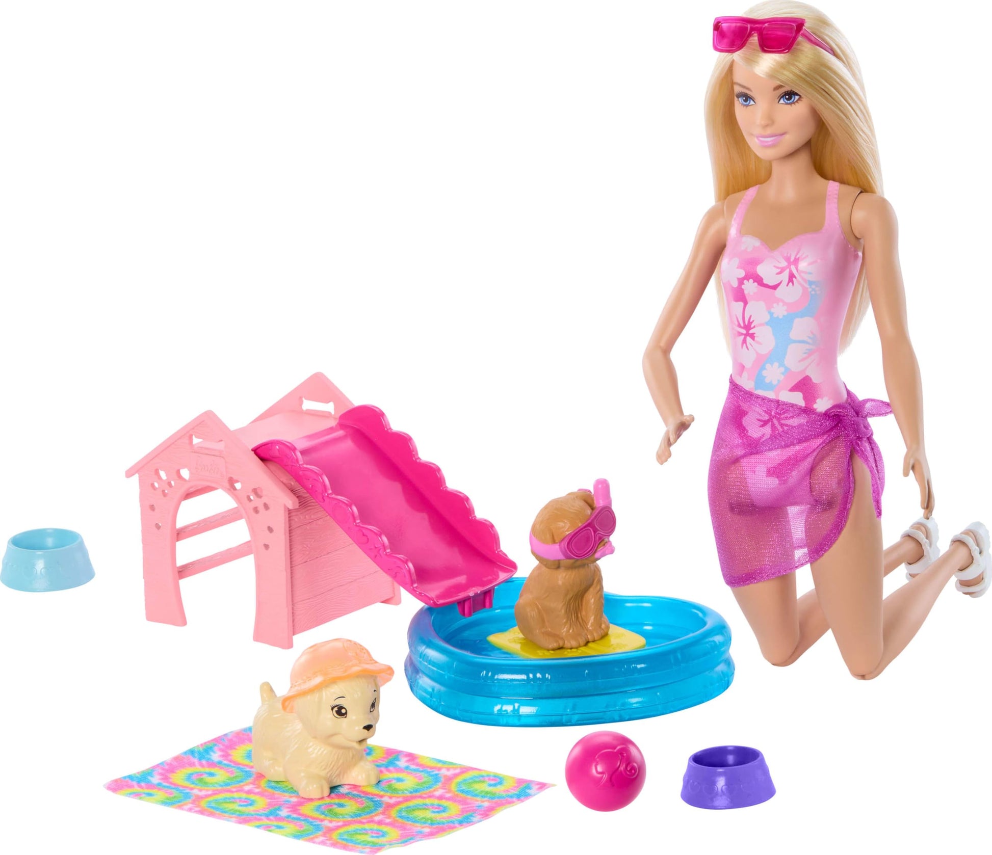 Barbie Puppy Pool Party toy playset with fashion doll, doghouse, slide, heart-shaped pool, two pet dogs, accessories, and color change.