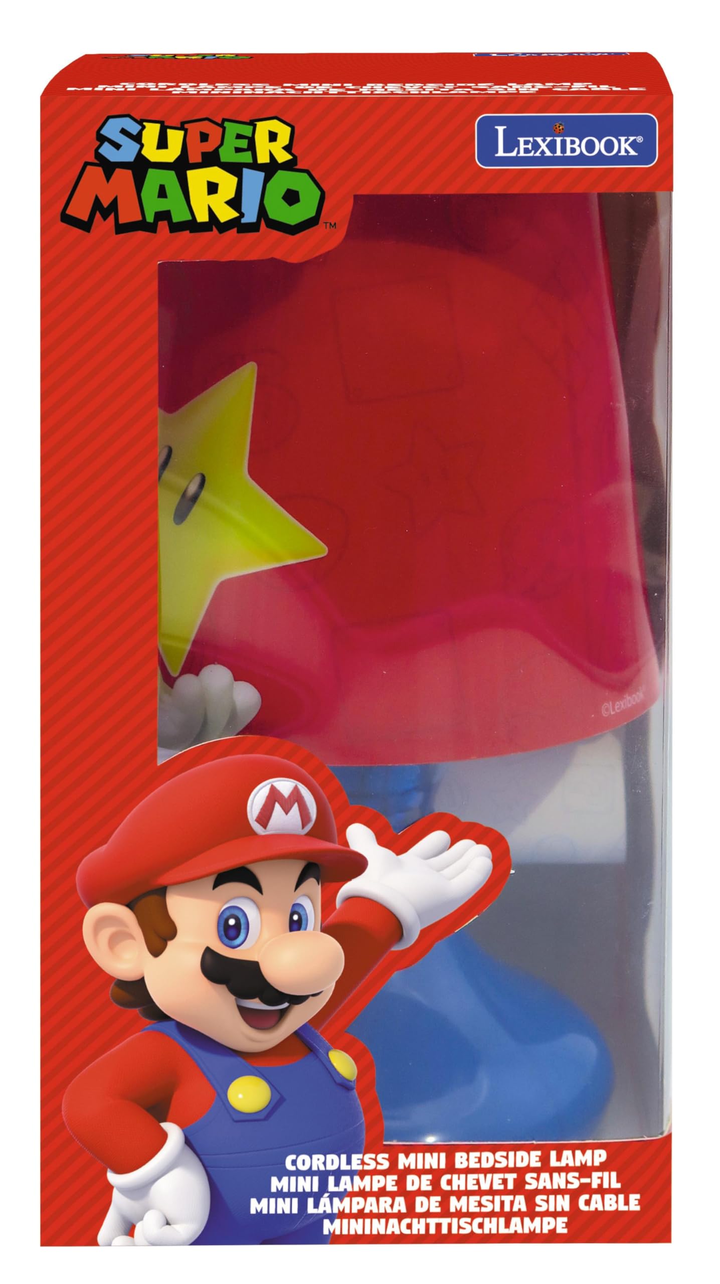 Red LEXIBOOK cordless mini bedside lamp and nightlight with Nintendo design, compact and portable for easy bedside illumination.