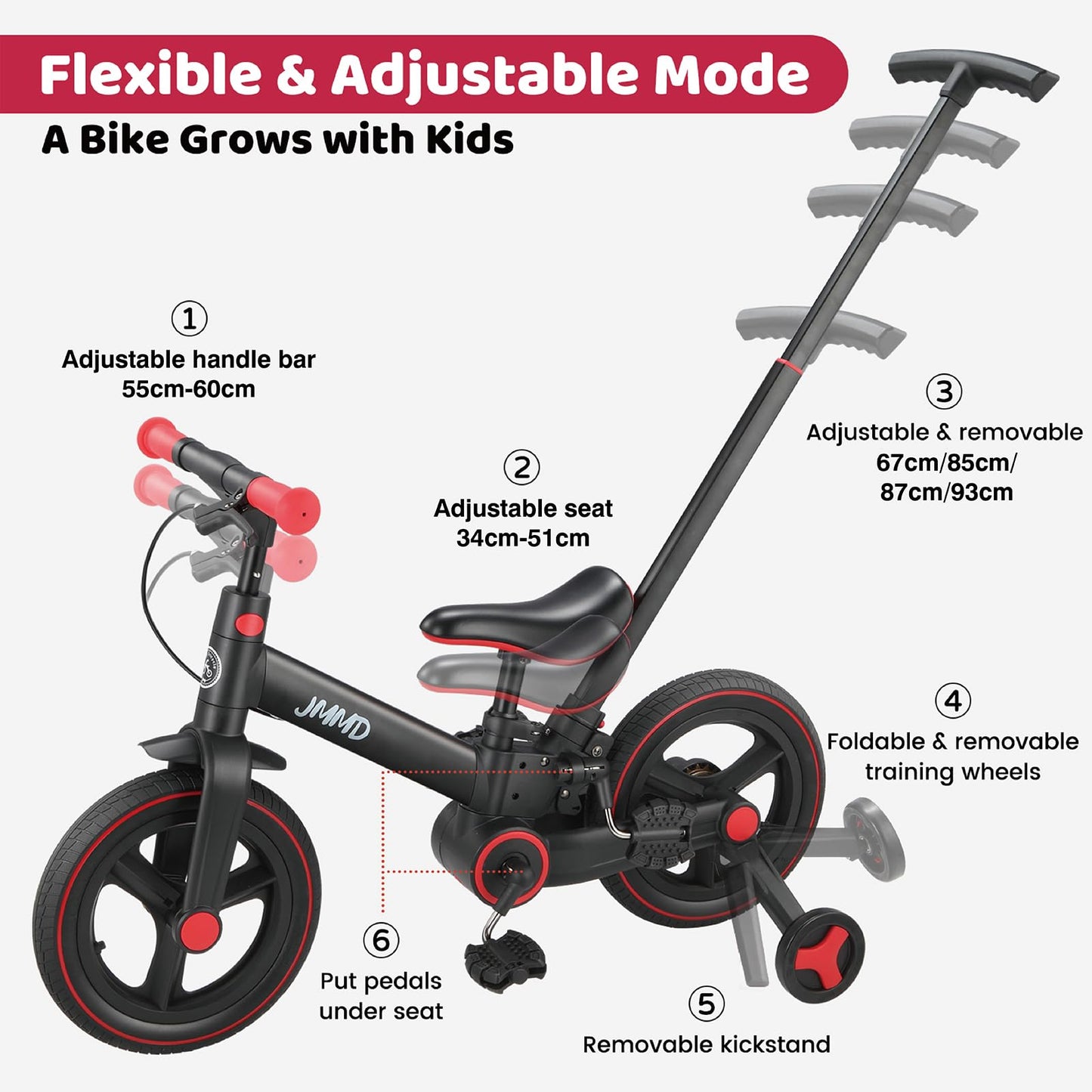 JMMD 6-in-1 toddler bike with training wheels, pedals, and adjustable parent handle for kids aged 18 months to 5 years.