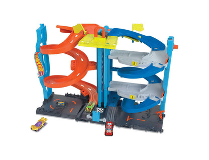 Hot Wheels City Racetrack with transforming race tower in tower mode, featuring 1:64 scale toy car for dual racing.
