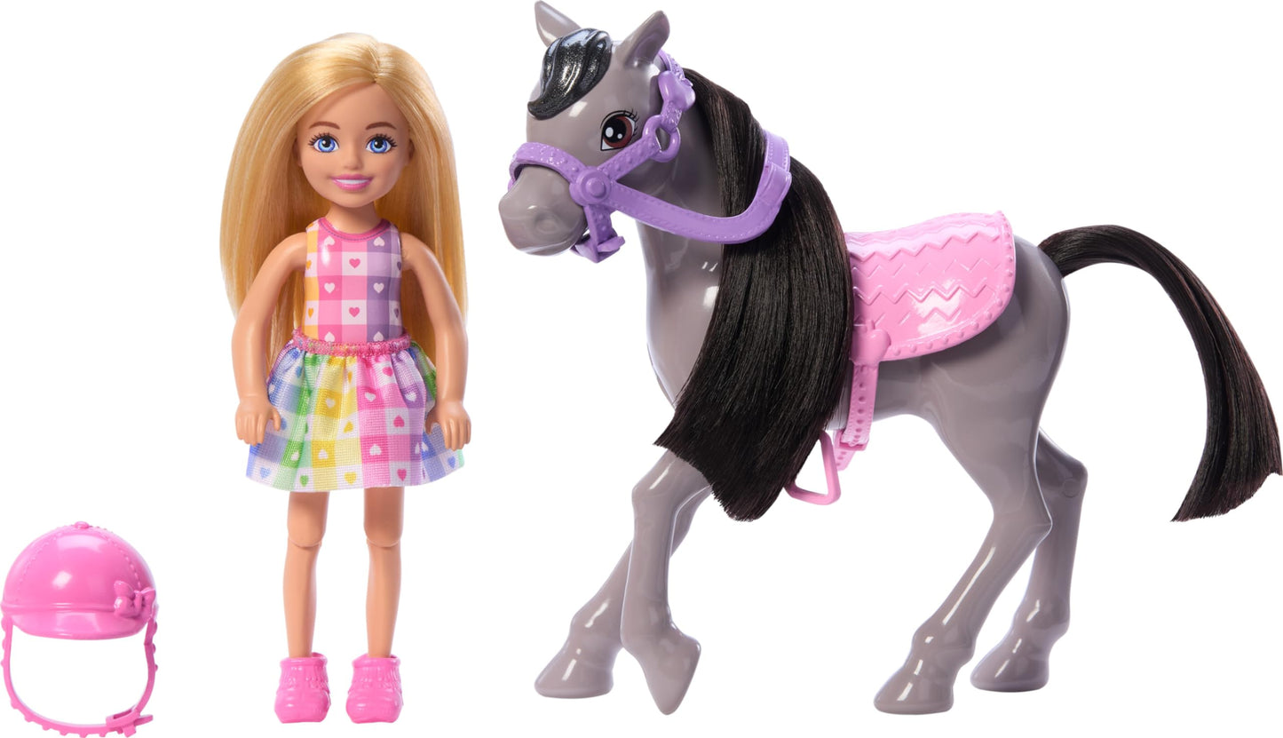 Barbie Chelsea doll and gray toy horse set with helmet and saddle, small doll bending knees to simulate riding.