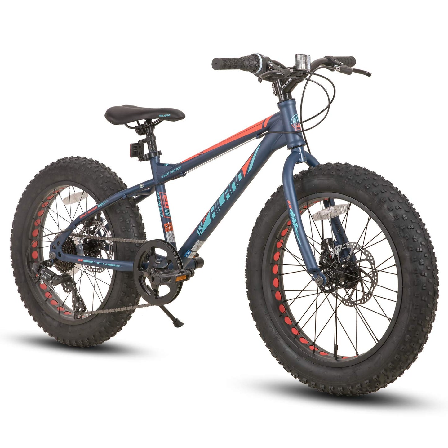 Hiland 20 Inch Kids Bicycles Fat Tire Mountain Bike for Boys and Girls, 7 Speed Blue Mountain Bike, Dual-Disc Brake, Kids Beach and Snow Bicycle