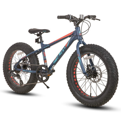Hiland 20 Inch Kids Bicycles Fat Tire Mountain Bike for Boys and Girls, 7 Speed Blue Mountain Bike, Dual-Disc Brake, Kids Beach and Snow Bicycle