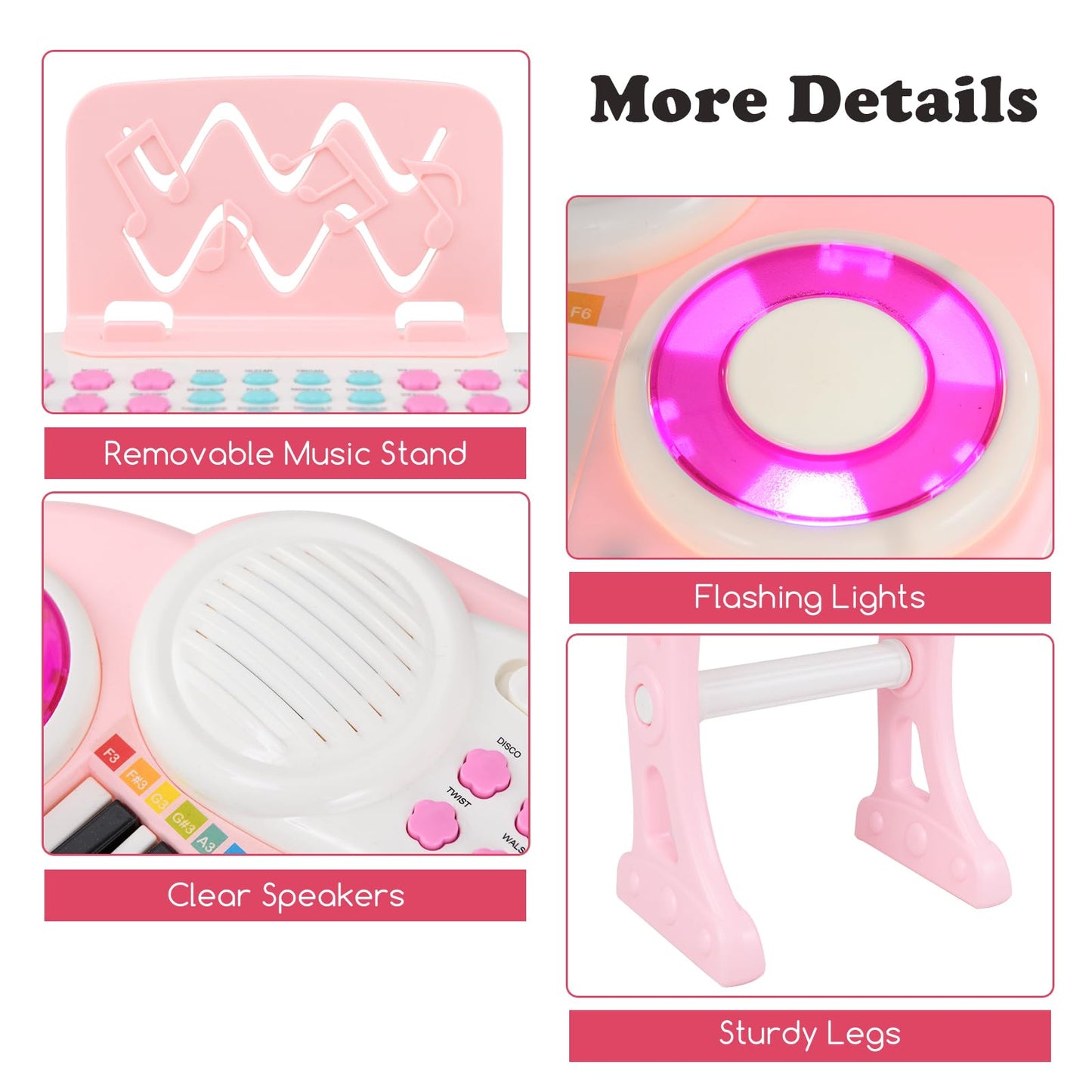 Pink Maxmass 37-key kids electronic piano keyboard with stool, microphone, flashing lights, music score, and record/playback features.