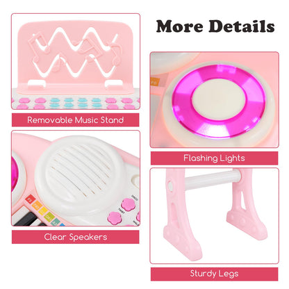 Pink Maxmass 37-key kids electronic piano keyboard with stool, microphone, flashing lights, music score, and record/playback features.