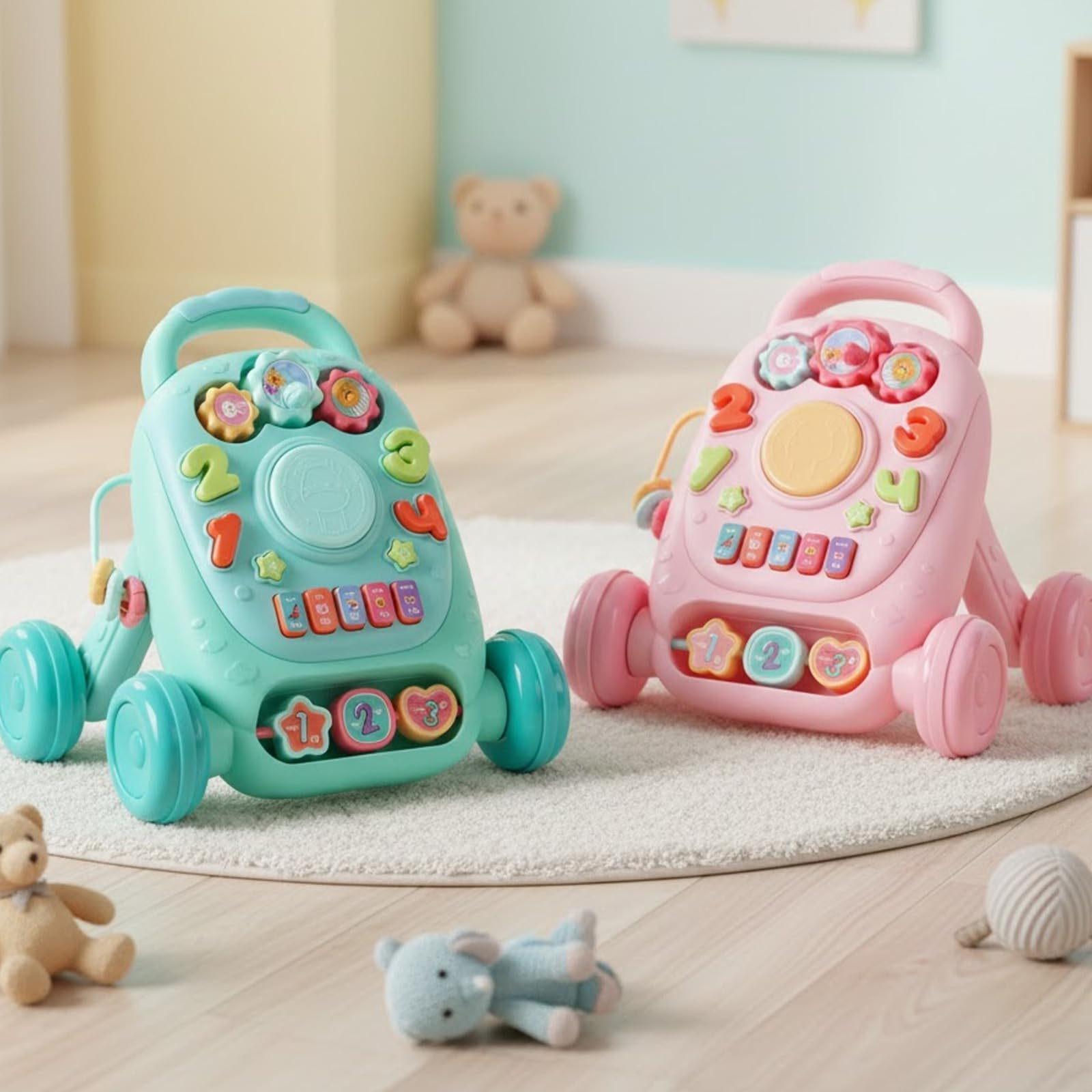 Blue PEBBLE HUG multifunctional baby learning walker with interactive lights, music, and sturdy sit-to-stand design for boys and girls.