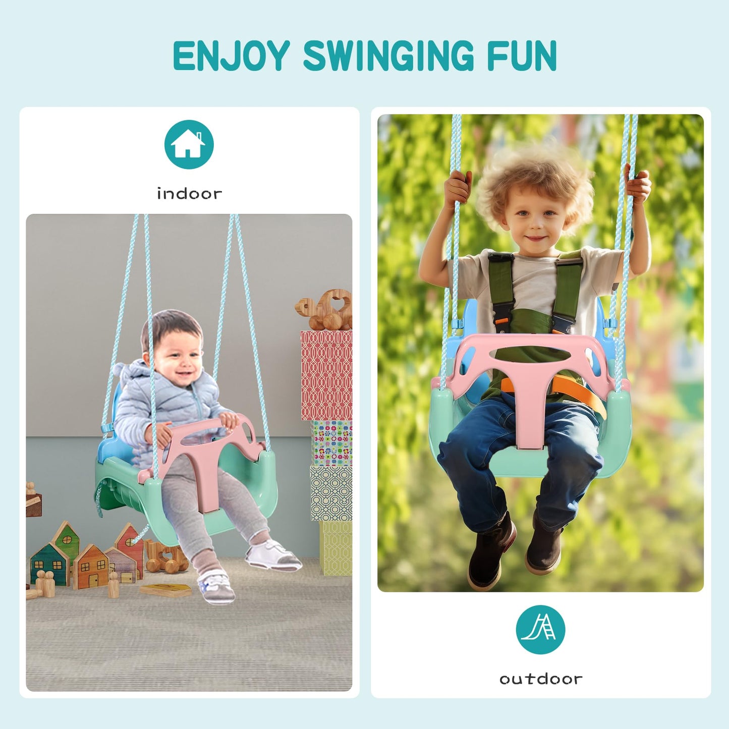 REDCAMP 3-in-1 Ajustable Toddler Swing Seat，High-Back Baby Swing Chair with Safety Strap,Ideal for Garden Indoor Outdoor Playground,6 months - teens, Light Blue