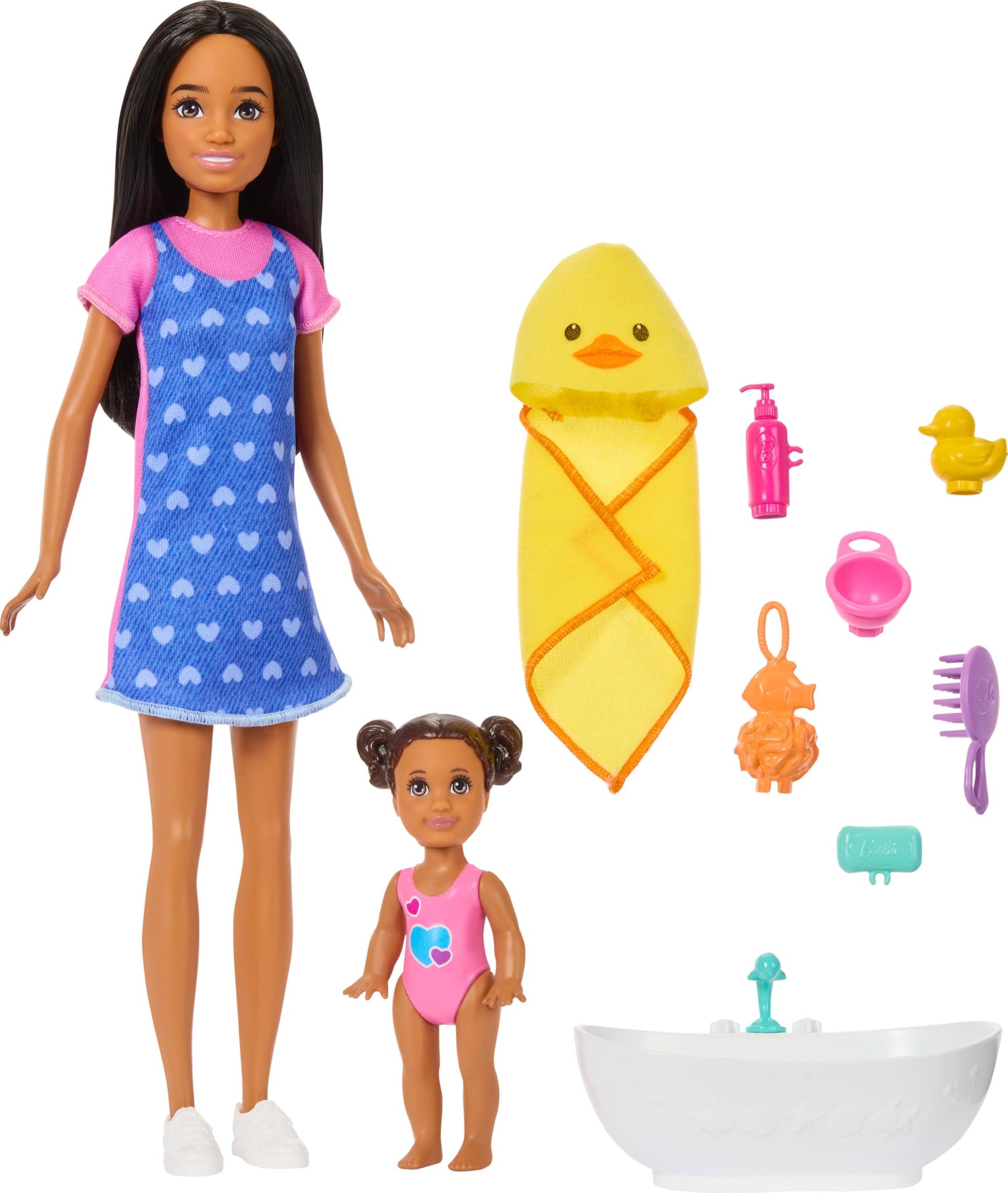 Barbie Skipper Babysitters Inc. playset featuring brunette doll, toddler doll, bathtub, and rubber duckie accessories.