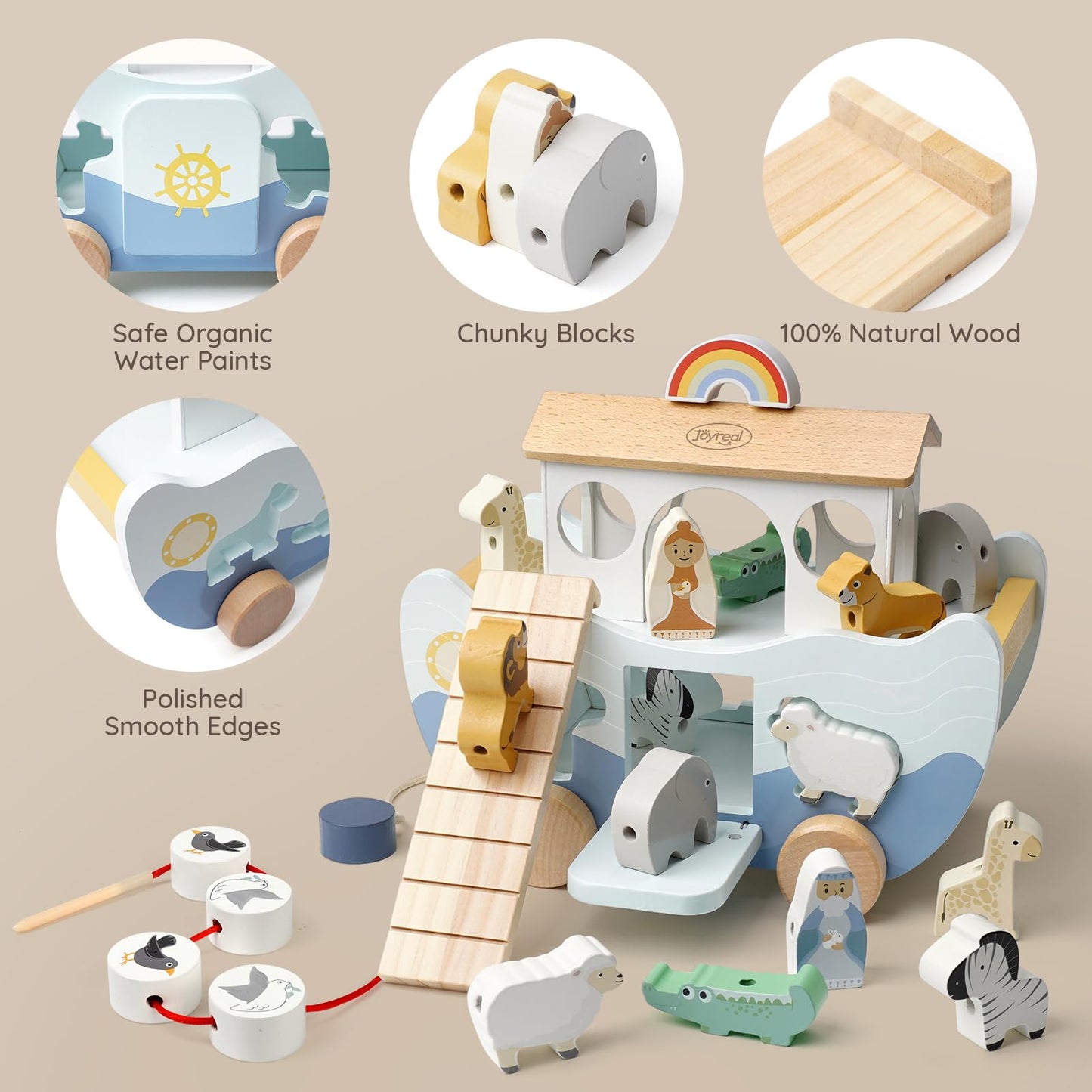 Joyreal wooden Noah's Ark toy with farm animal shapes, suitable for 1-3 year old children, Montessori-style stacking and sorting toy.