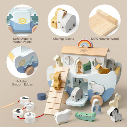 Joyreal wooden Noah's Ark toy with farm animal shapes, suitable for 1-3 year old children, Montessori-style stacking and sorting toy.