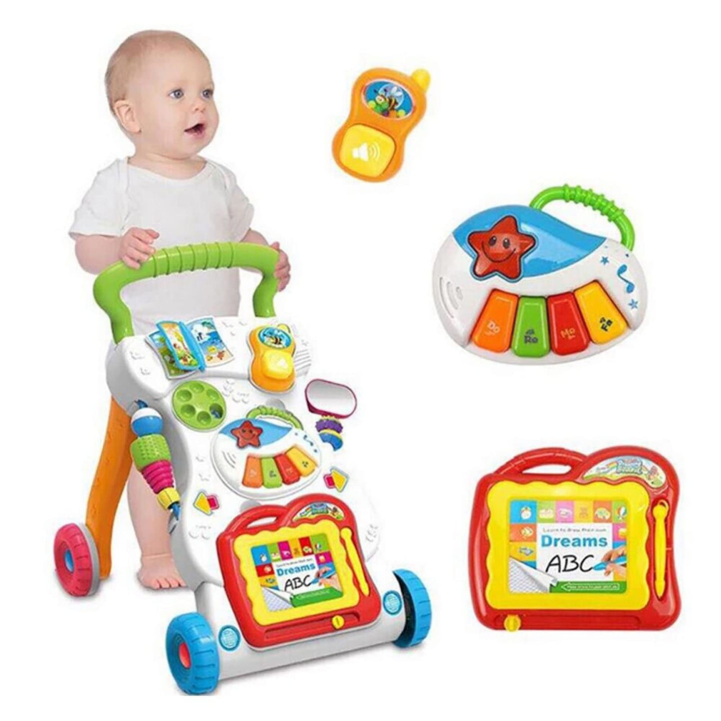 Queiting Baby Walker with musical toys, activity car, and toddler ride features, designed to support baby’s first steps and mobility.