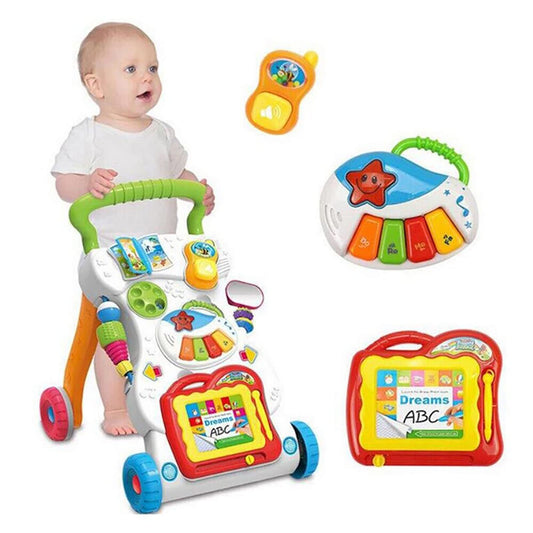 Queiting Baby Walker with musical toys, activity car, and toddler ride features, designed to support baby’s first steps and mobility.