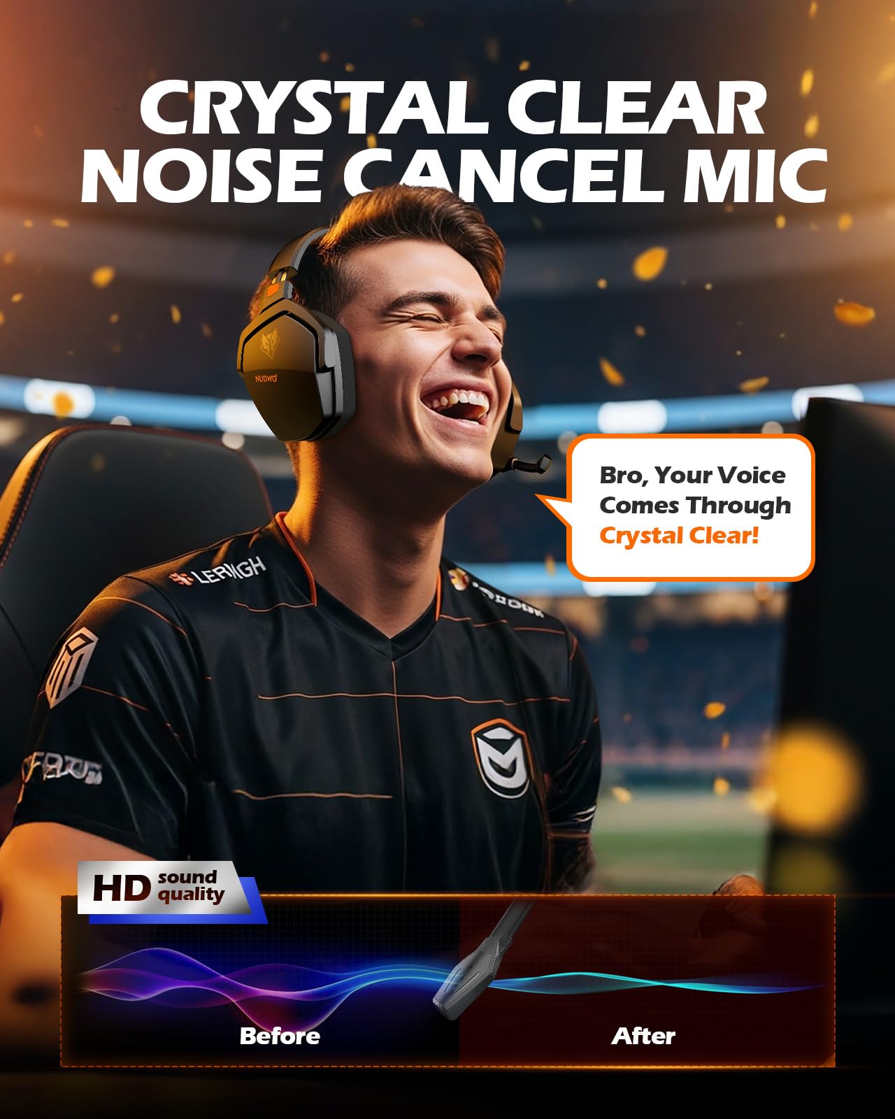 NUBWO wireless gaming headset with mic in orange, designed for PS5, PS4, PC, featuring 100-hour battery and all-device compatibility.
