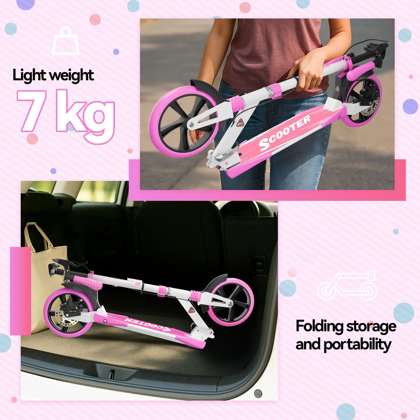 MEE GOO pink foldable scooter with disc brake, dual shock absorbers, and 200mm PU wheels for teenagers and adults.