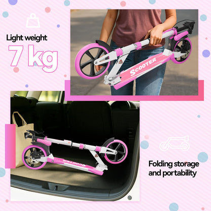 MEE GOO pink foldable scooter with disc brake, dual shock absorbers, and 200mm PU wheels for teenagers and adults.