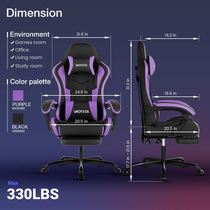 WOTSTA ergonomic gaming chair with footrest, lumbar support, headrest, height adjustability, 360° swivel, black and purple design