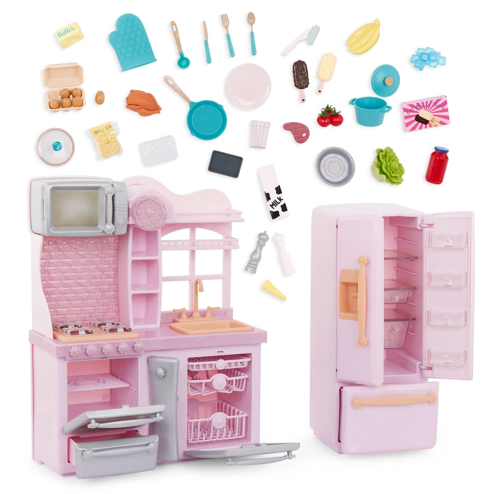 Our Generation pink fridge and kitchen playset with pretend food items for 18-inch dolls, designed for imaginative play.