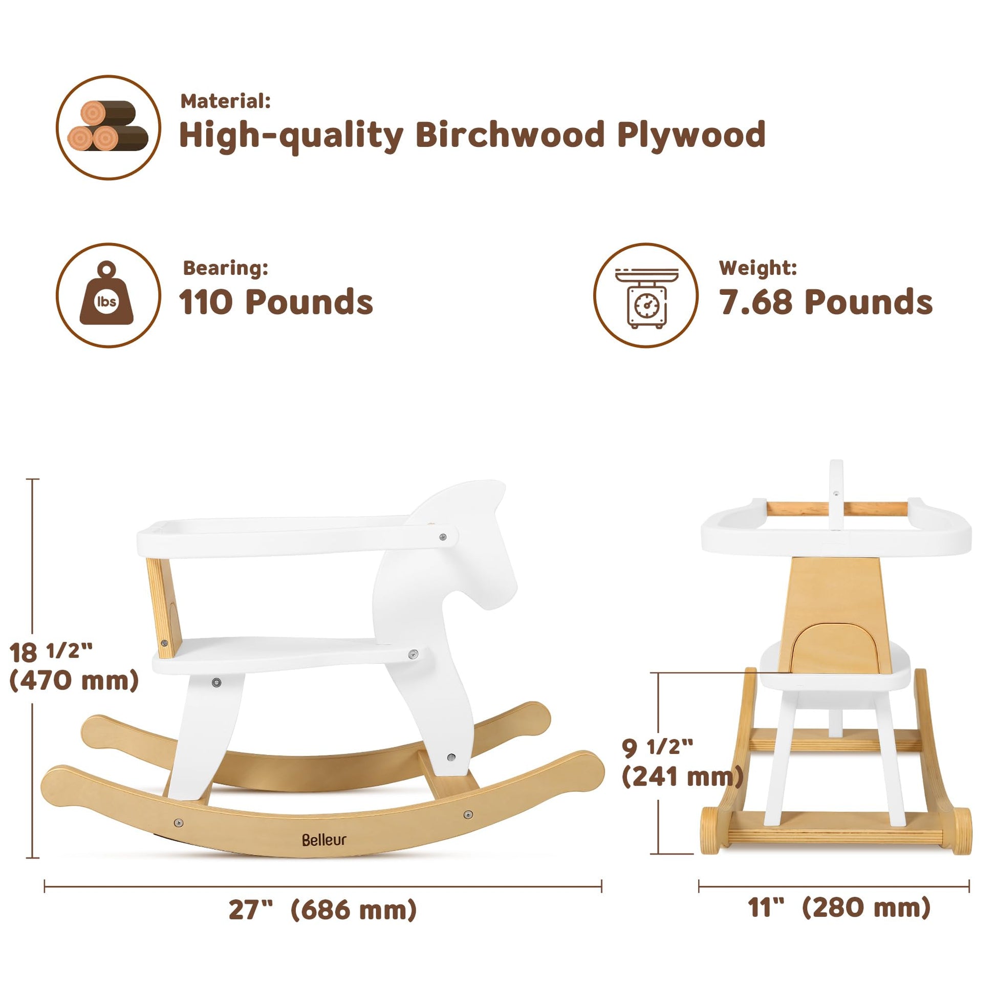 Wooden Belleur rocking horse for kids ages 1-3, toddler riding toy with removable fence for indoor and outdoor play.