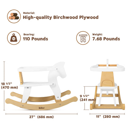 Wooden Belleur rocking horse for kids ages 1-3, toddler riding toy with removable fence for indoor and outdoor play.