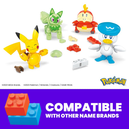 MEGA Pokémon action figure building set featuring Pikachu, Fuecoco, Sprigatito, Quaxly, and a Poké Ball, 79 pieces.