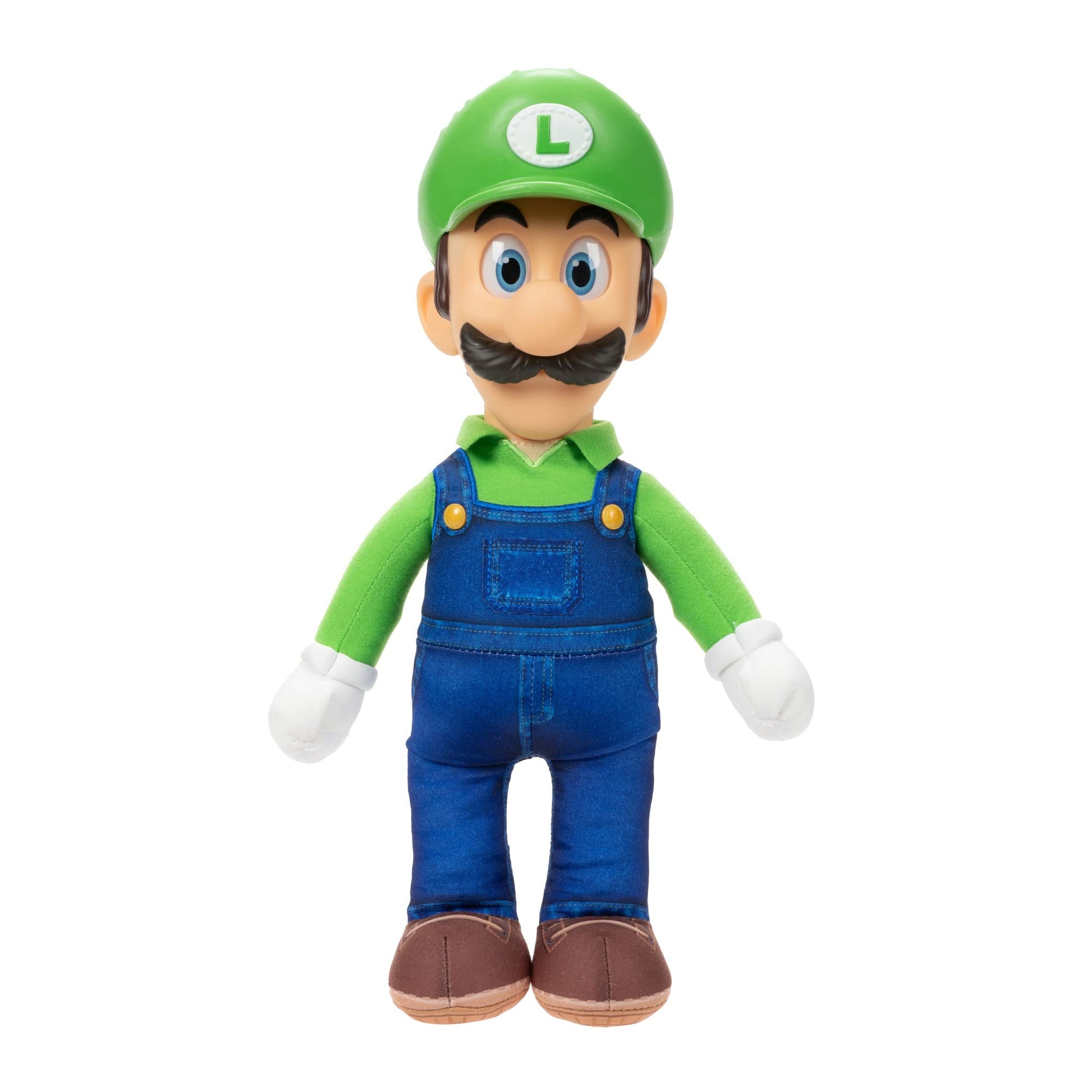 Nintendo Super Mario Bros. Luigi plush toy, 14-inch poseable figure with realistic eyes and detailed 3D outfit for kids and collectors.