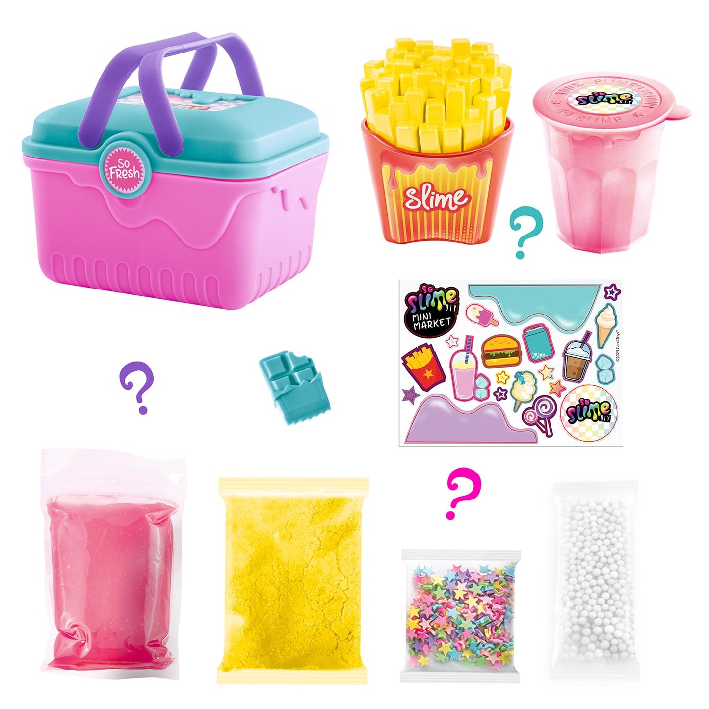 Mini market case with colorful DIY slime and collectable shakers from Canal Toys, fun and mess-free slime for kids.