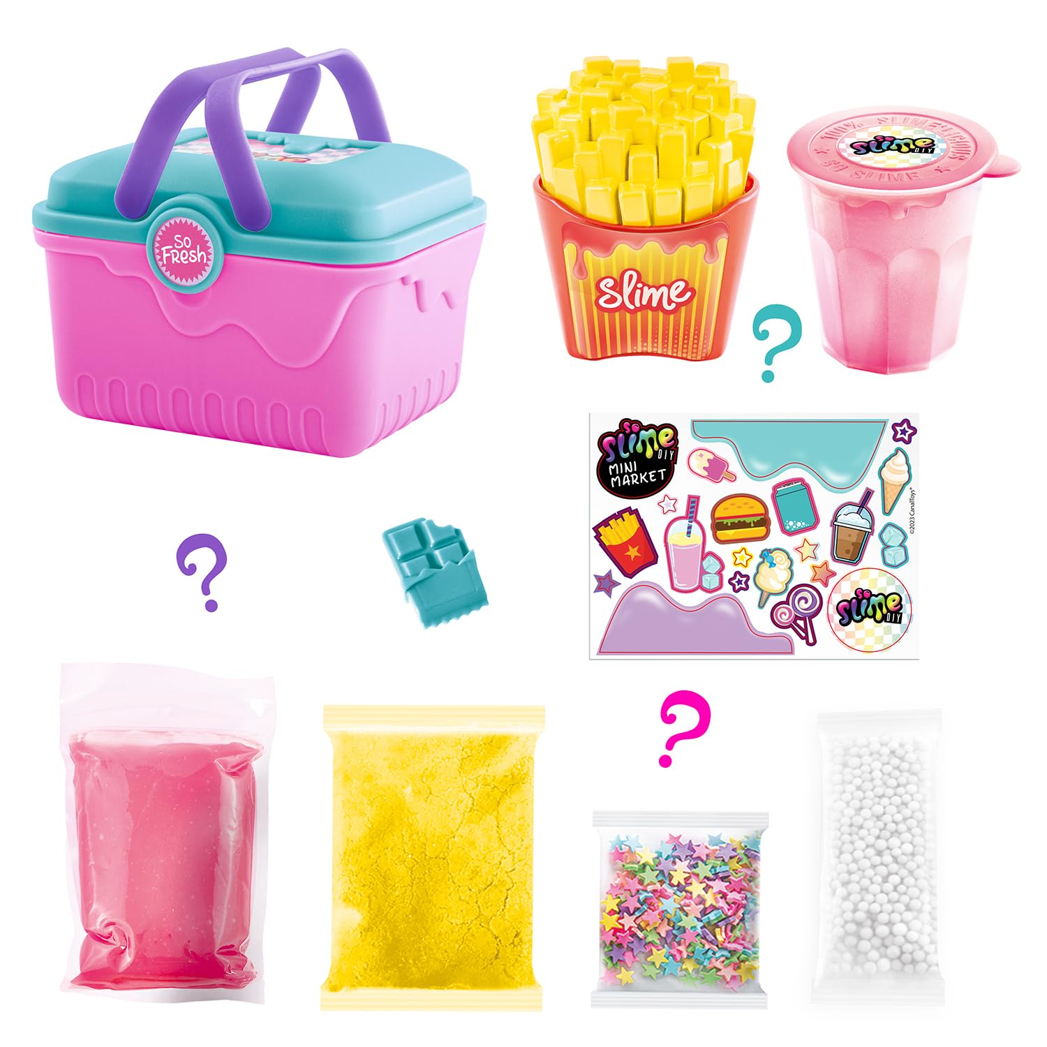 Mini market case with colorful DIY slime and collectable shakers from Canal Toys, fun and mess-free slime for kids.
