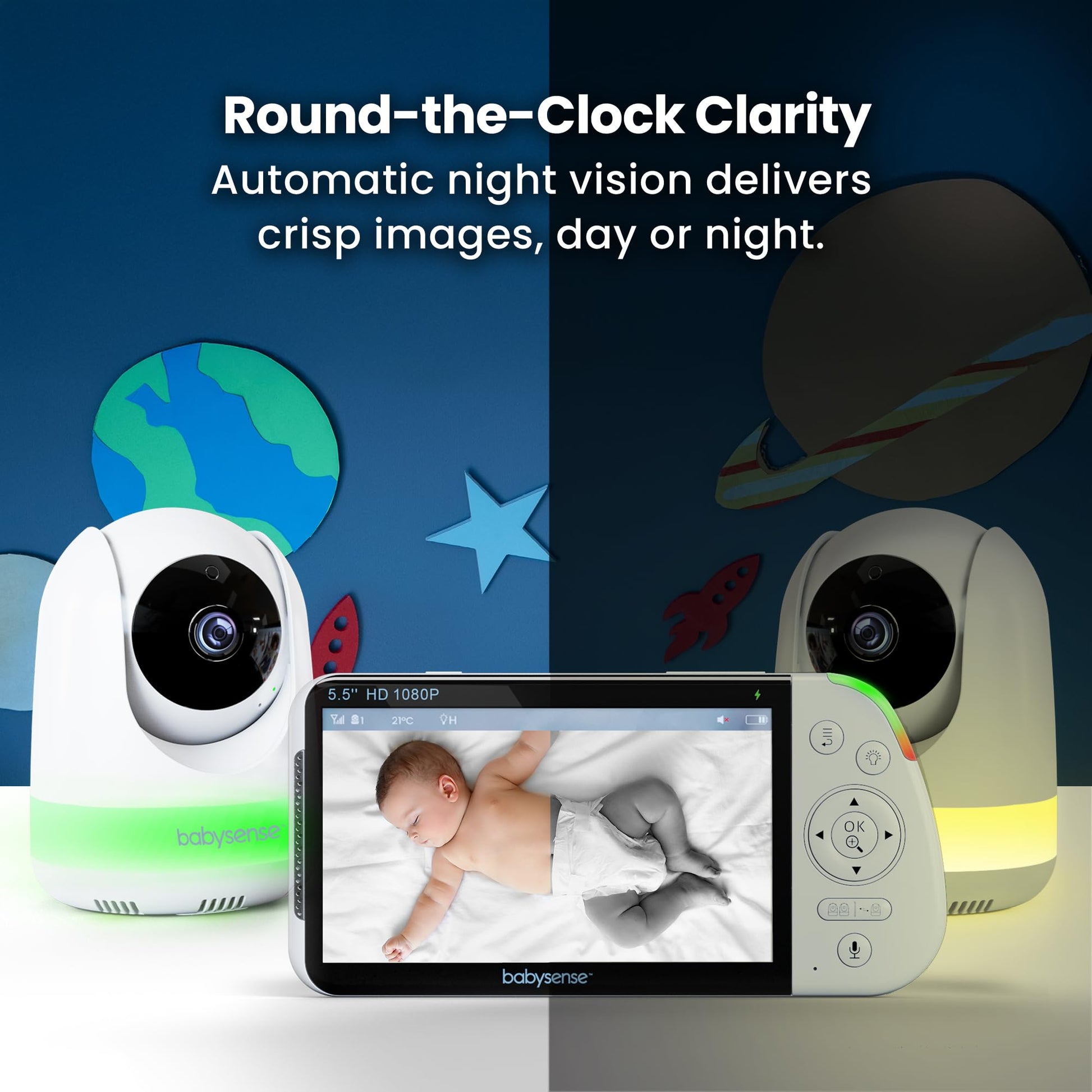 Babysense HD split-screen baby monitor with two PTZ cameras, two-way talk, night light, long range, zoom, and clear audio.