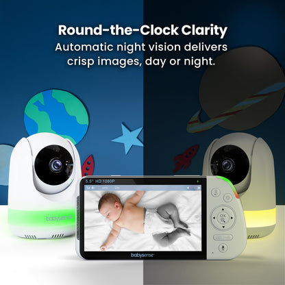 Babysense HD split-screen baby monitor with two PTZ cameras, two-way talk, night light, long range, zoom, and clear audio.